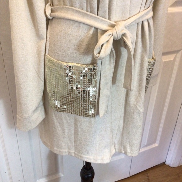Daisy Fuentes Womens Tan Sequin Pocket Belted Cardigan Sweater Size Medium - Picture 5 of 8